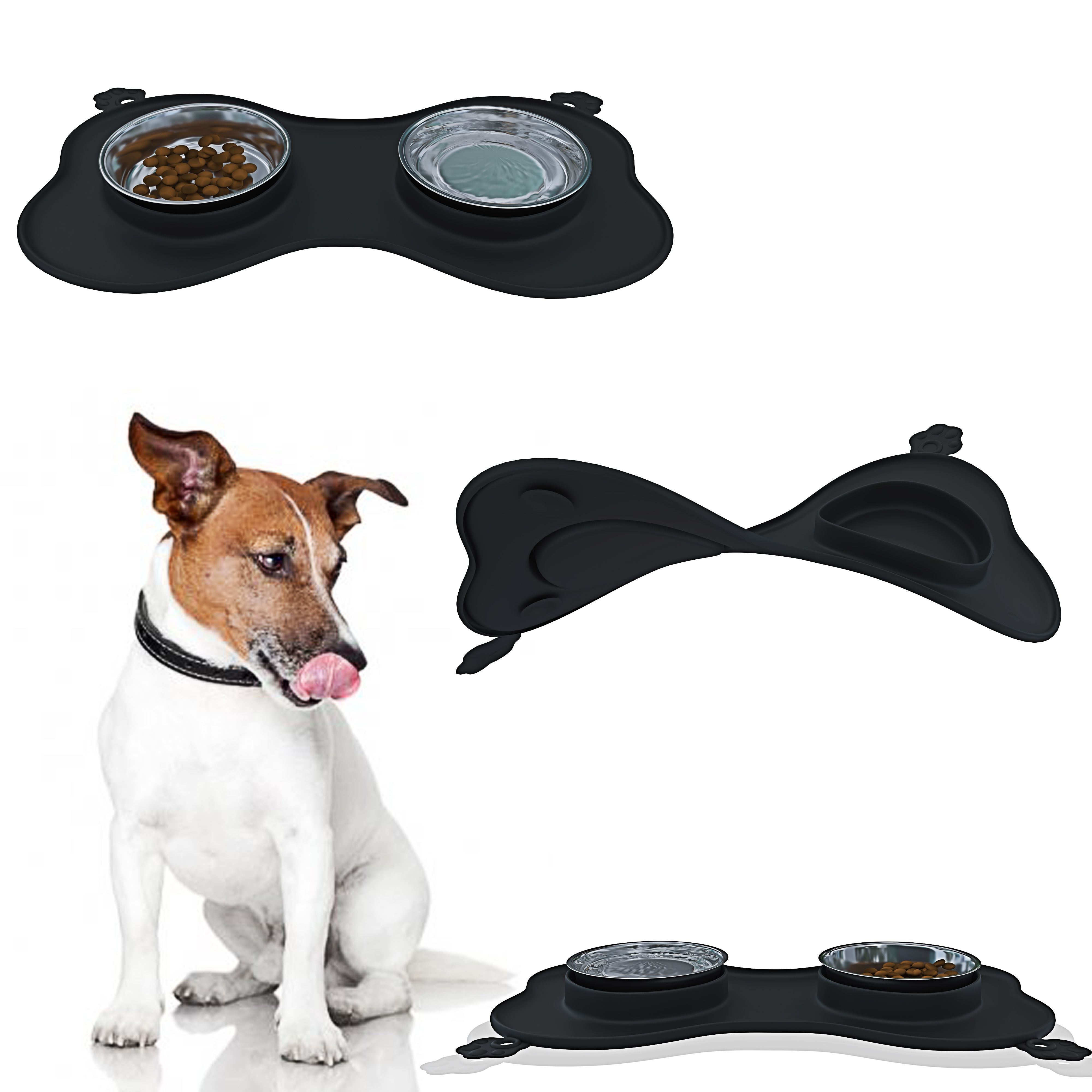 Ciotole Cani Gatti In Doppia Ciotola Acciaio Inox Croccantini Alimentazione Tappetino Silicone Sottociotola Antiribaltamento Antiscivolo Ventose