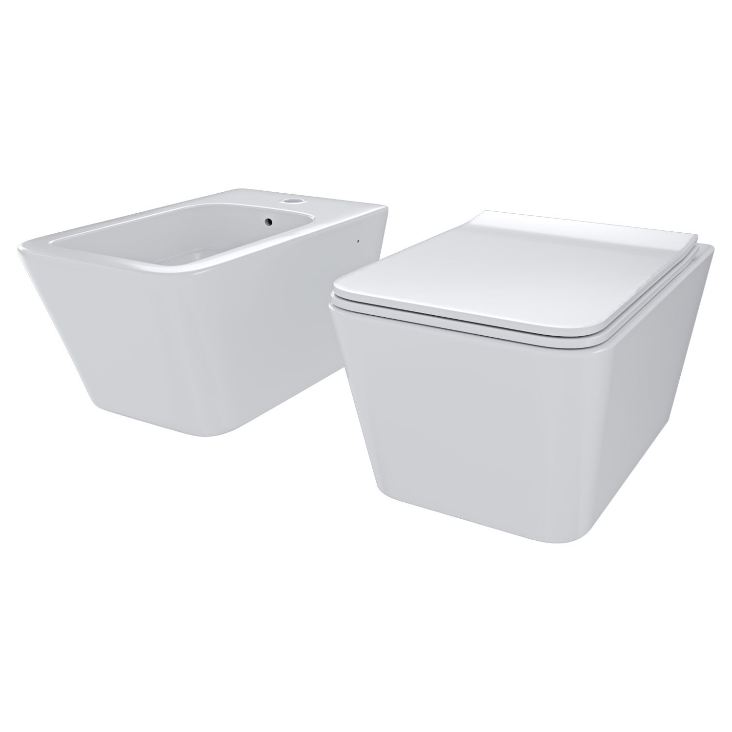 Coppia Sanitari Sospesi Quadrati Vaso Bidet Sospeso Design Moderno Ceramica Copriwater Chiusura Close Chiusura Rallentata Lucido
