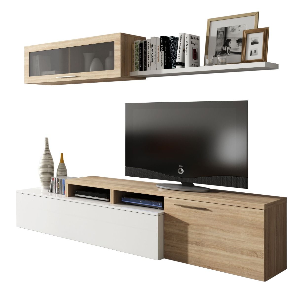 Parete Attrezzata Soggiorno Moderno Salotto con Mobile TV Modulo Sospeso Con Anta in Vetro E Mensola Stile Scandinavo Moderno 