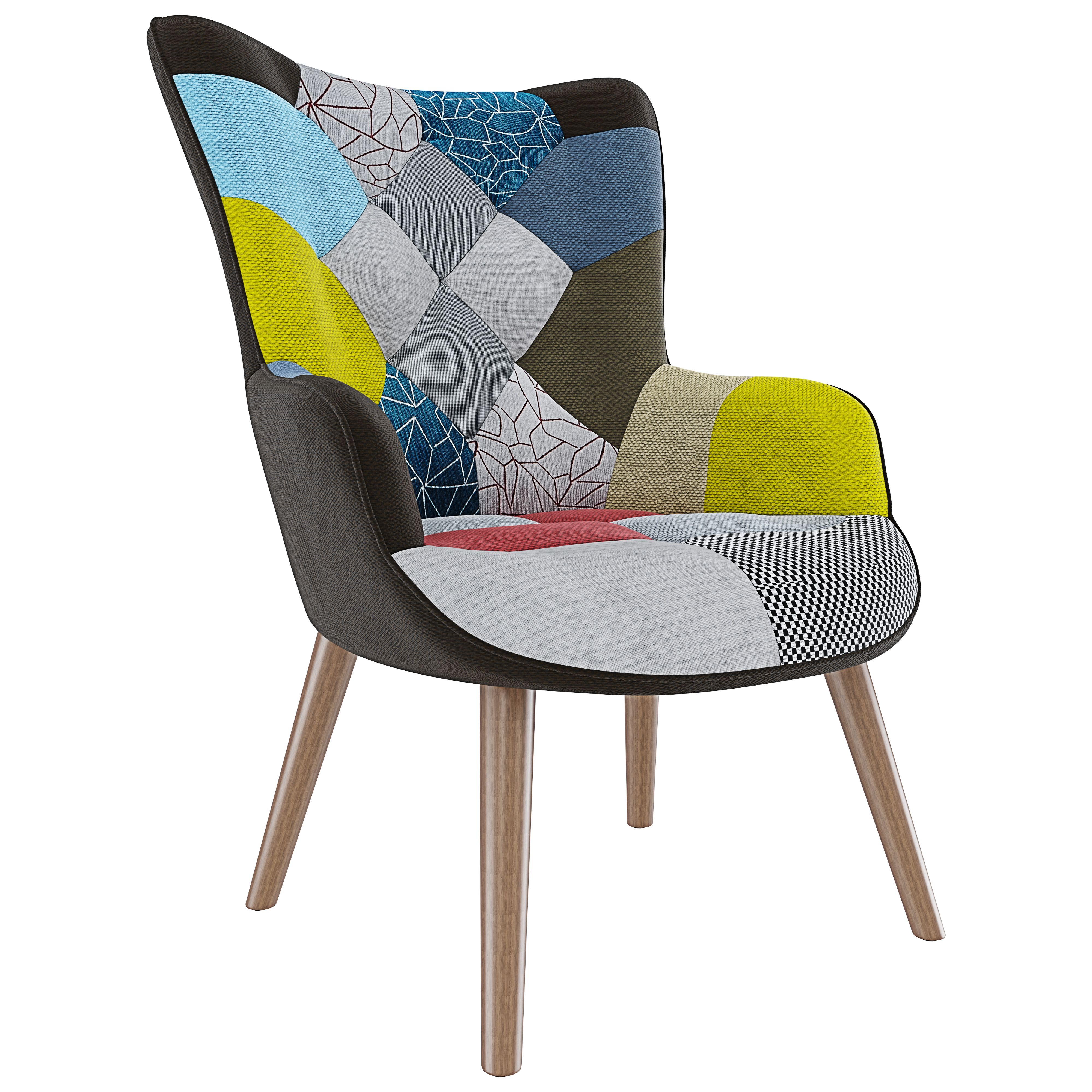 Poltrona Patchwork Memory Foam con Braccioli. Imbottita con Schienale Alto E Piedi in Legno, Design per Ufficio, Studio, Salotto, Soggiorno