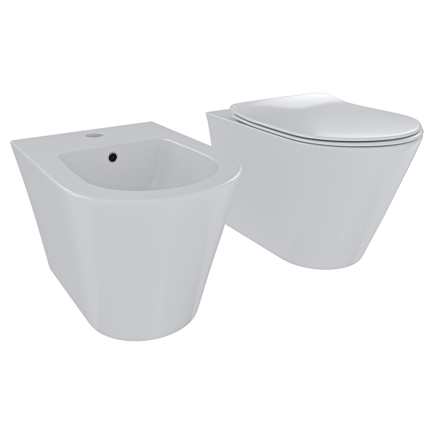 Set Sanitari Filomuro Coppia Vaso Bidet Design Moderno Ceramica Copriwater Chiusura Rallentata Sgancio Rapido Lucido