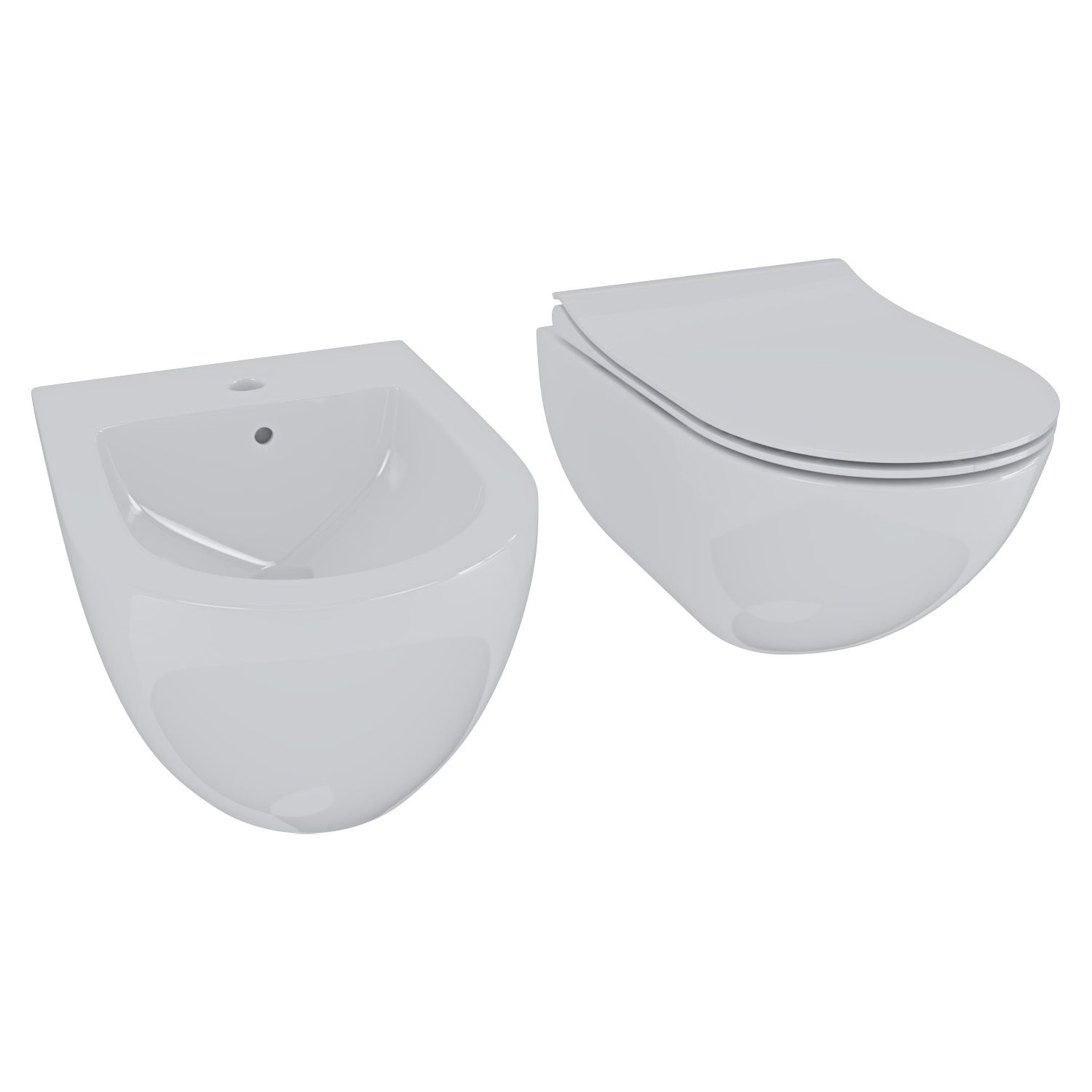 Coppia Sanitari Sospesi Tondi e Ovali Vaso Bidet Sospeso Design Moderno Ceramica Copriwater Chiusura Close Chiusura Rallentata Lucido